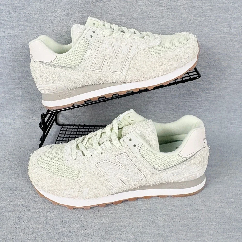 New Balance 574 Sneakers Womens 9.5 Green Hairy Suede Sage Grey Retro Gum Sole